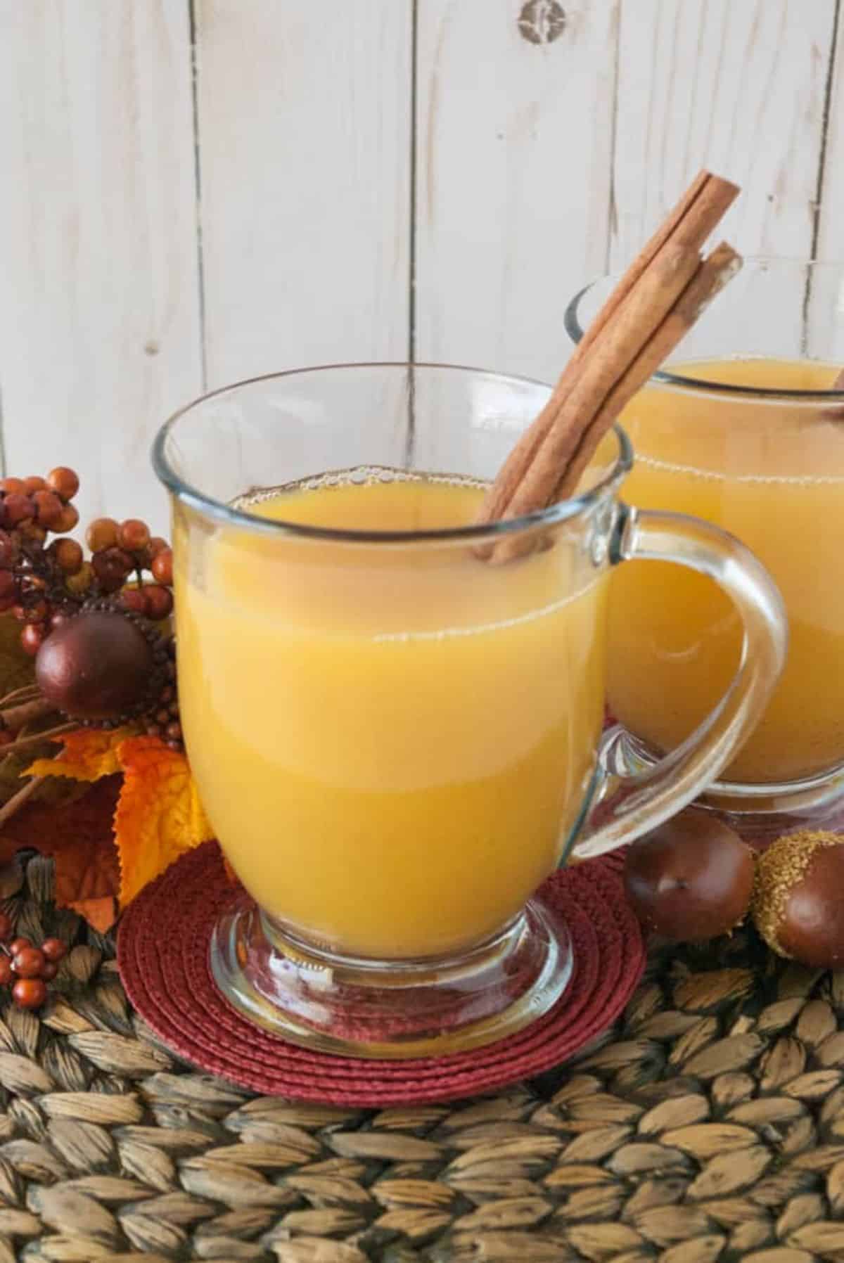 Hot Cider drink in a glass with cinnamon sticks.