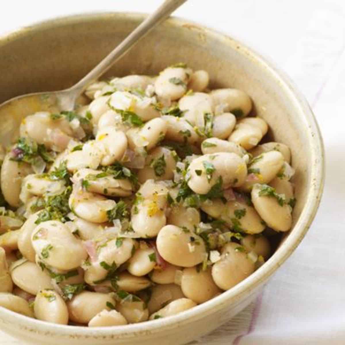 Italian Butter Beans With Meyer Lemon and Tarragon in a gray bowl.