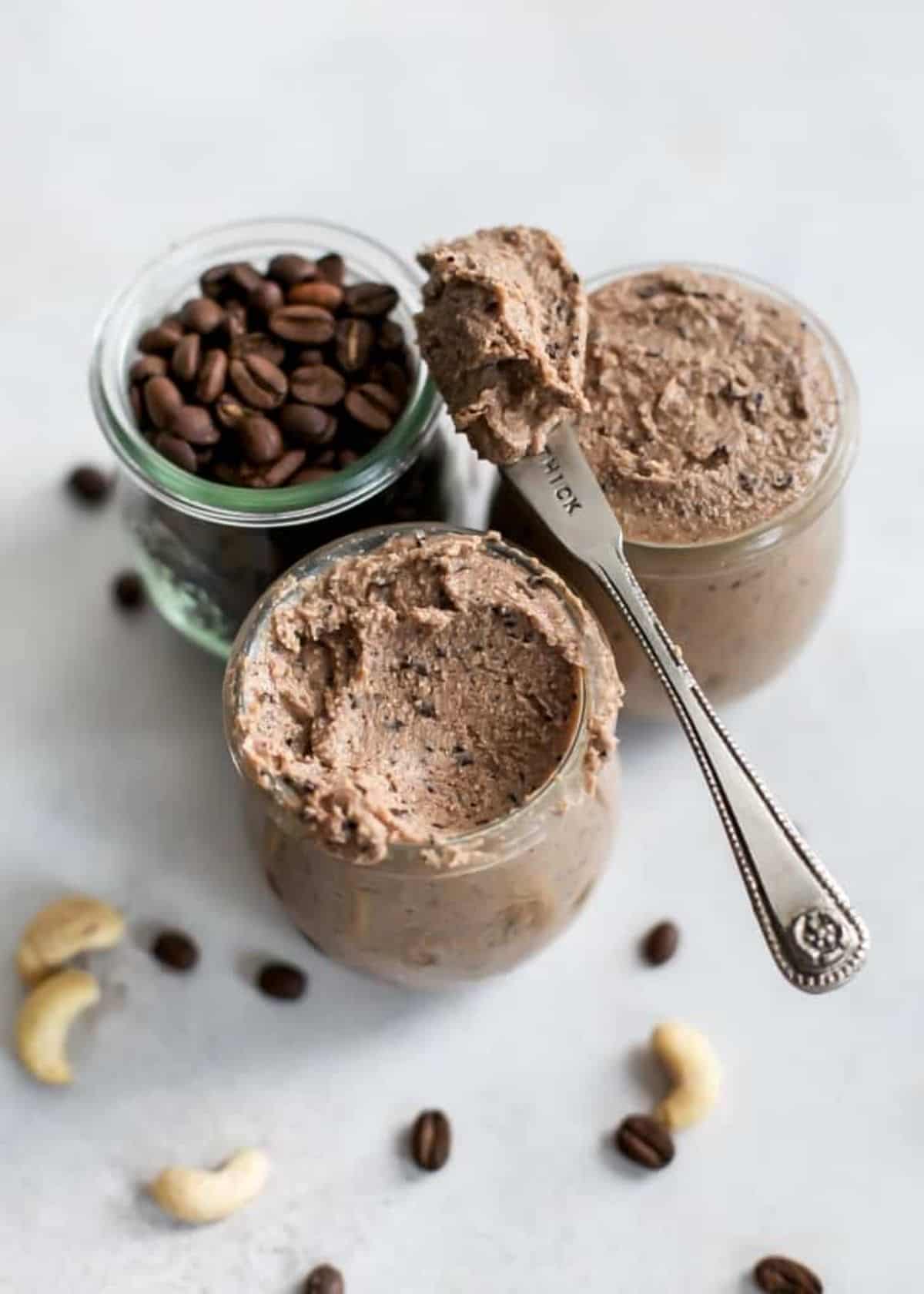 Espresso Cashew Butter in two glass jars,