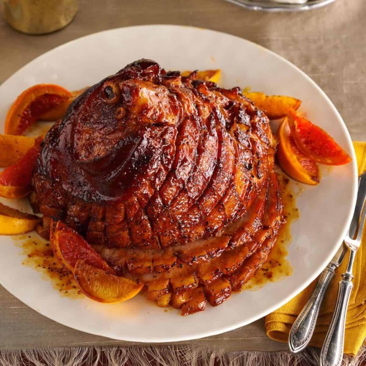 Sliced Glazed Ham on a white plate.