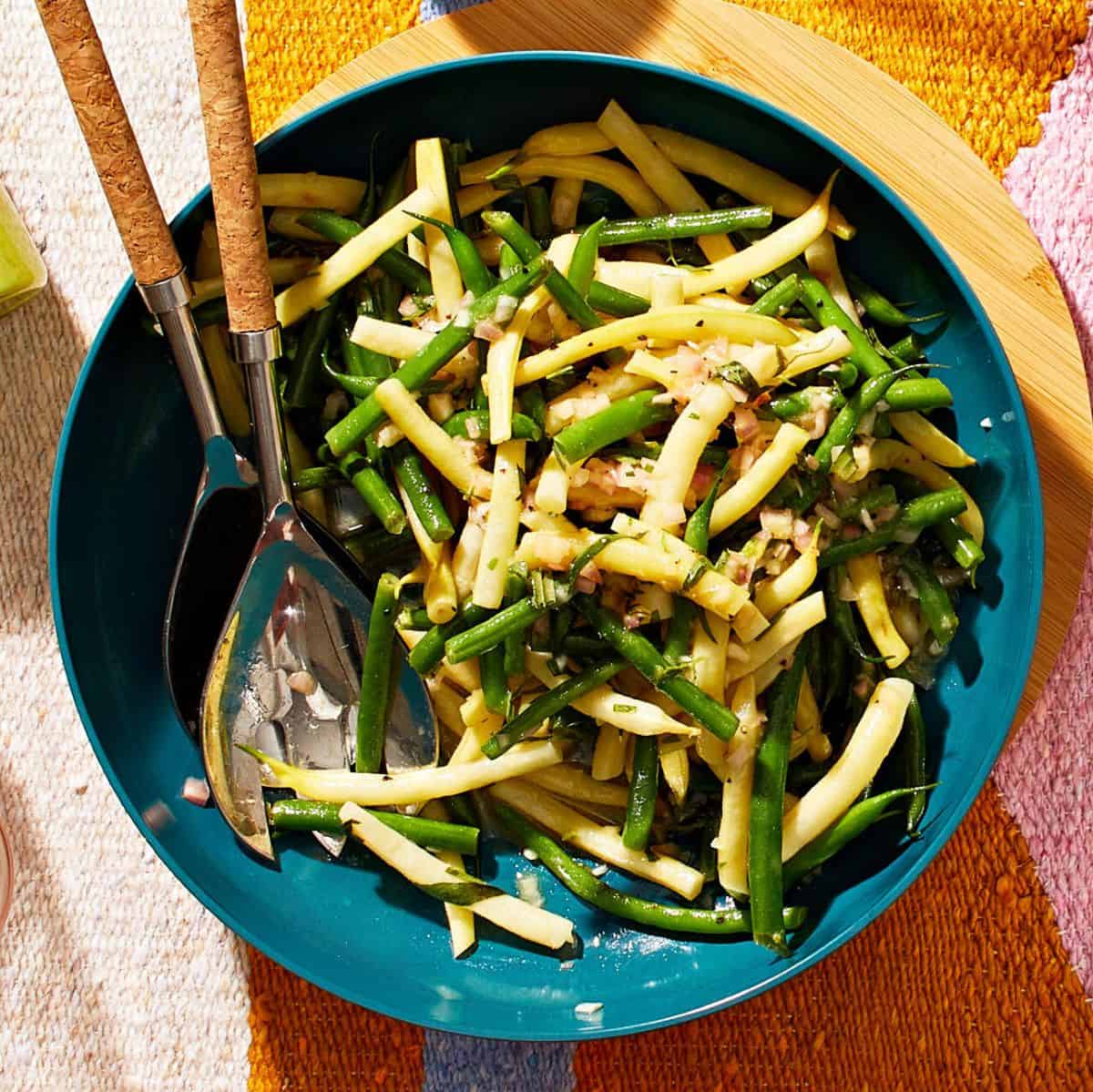 Two-bean Salad With Tarragon in a blue bowl.