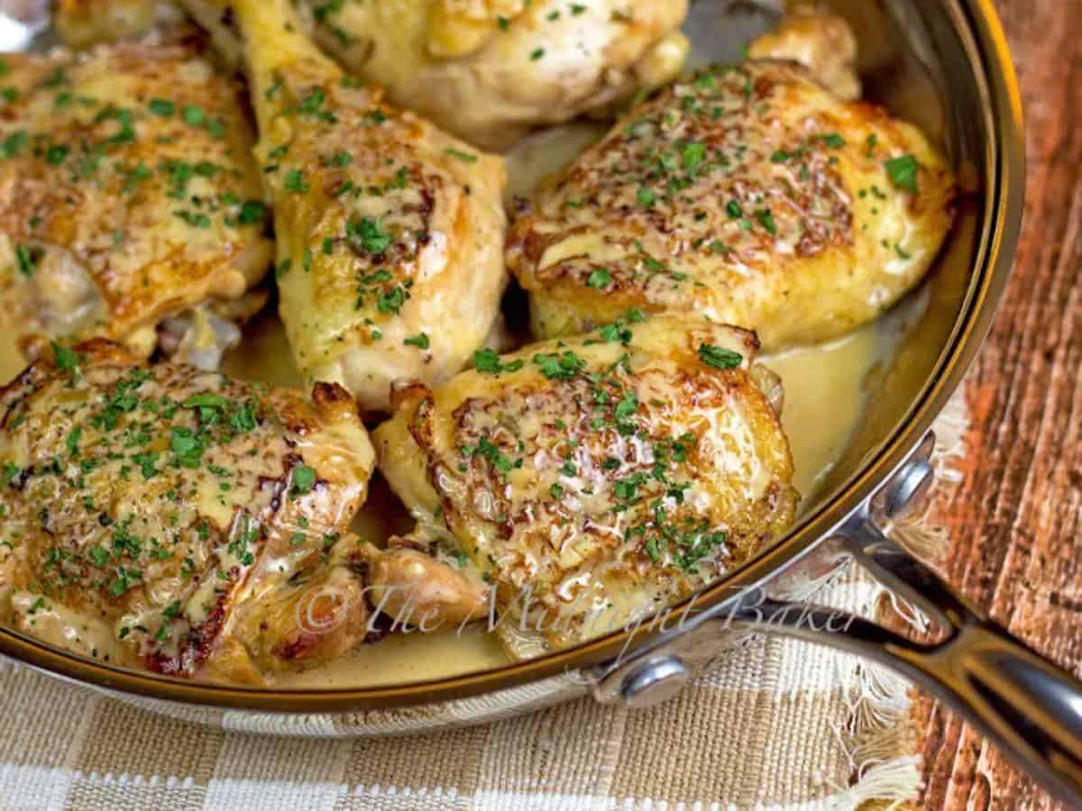 Tarragon Chicken With Chardonnay Cream Sauce in a skillet.