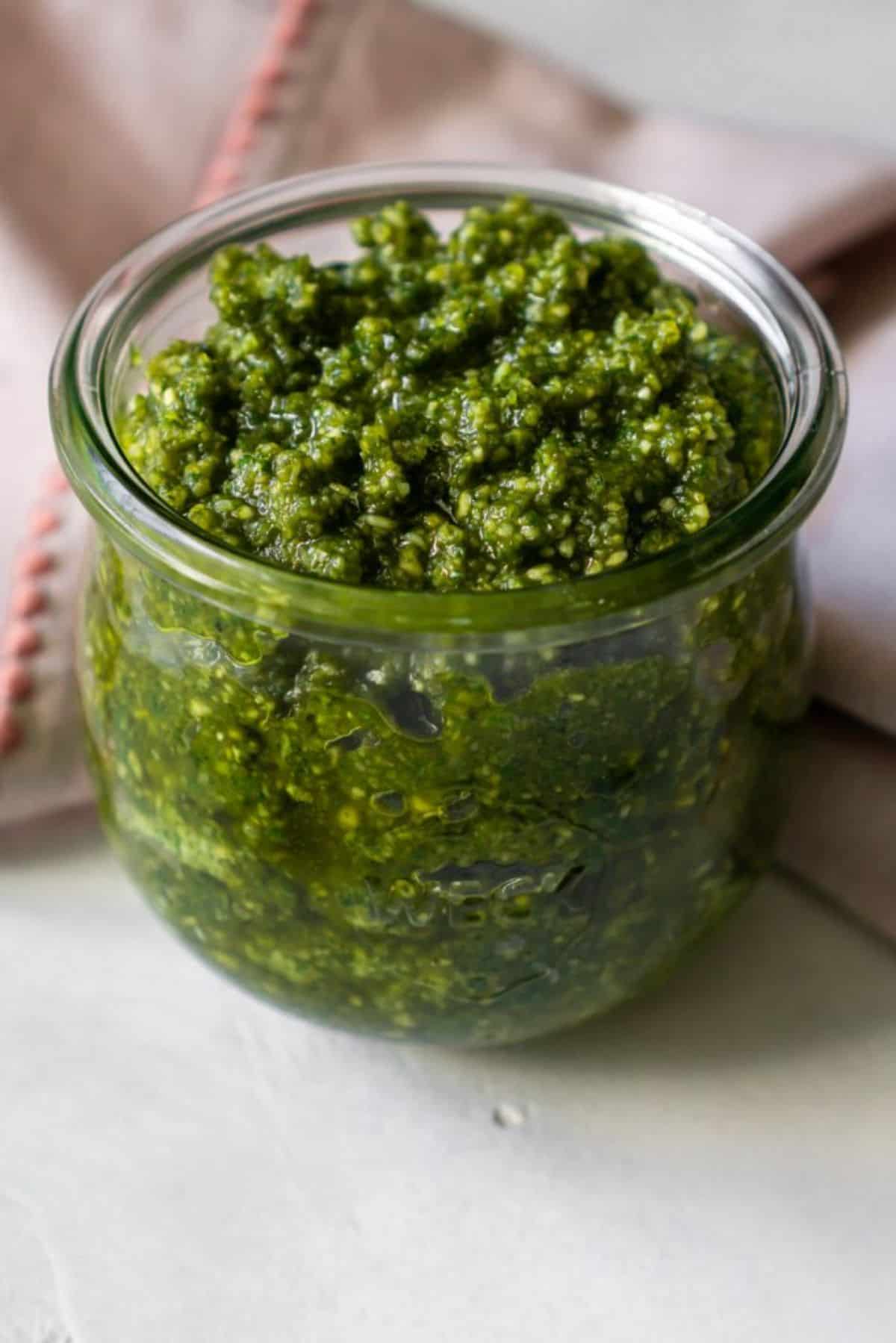 Basil Mint Pesto in a glass jar.