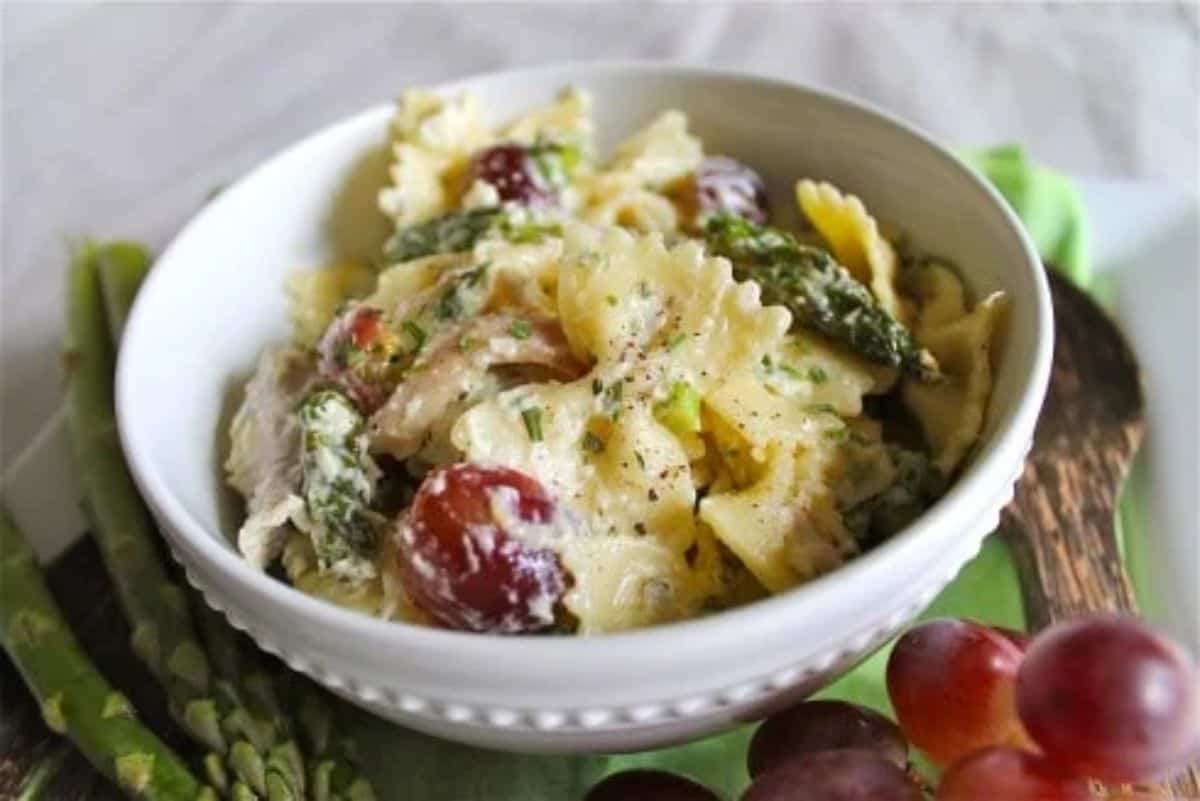 Lemon Tarragon Pasta Salad in a white bowl.