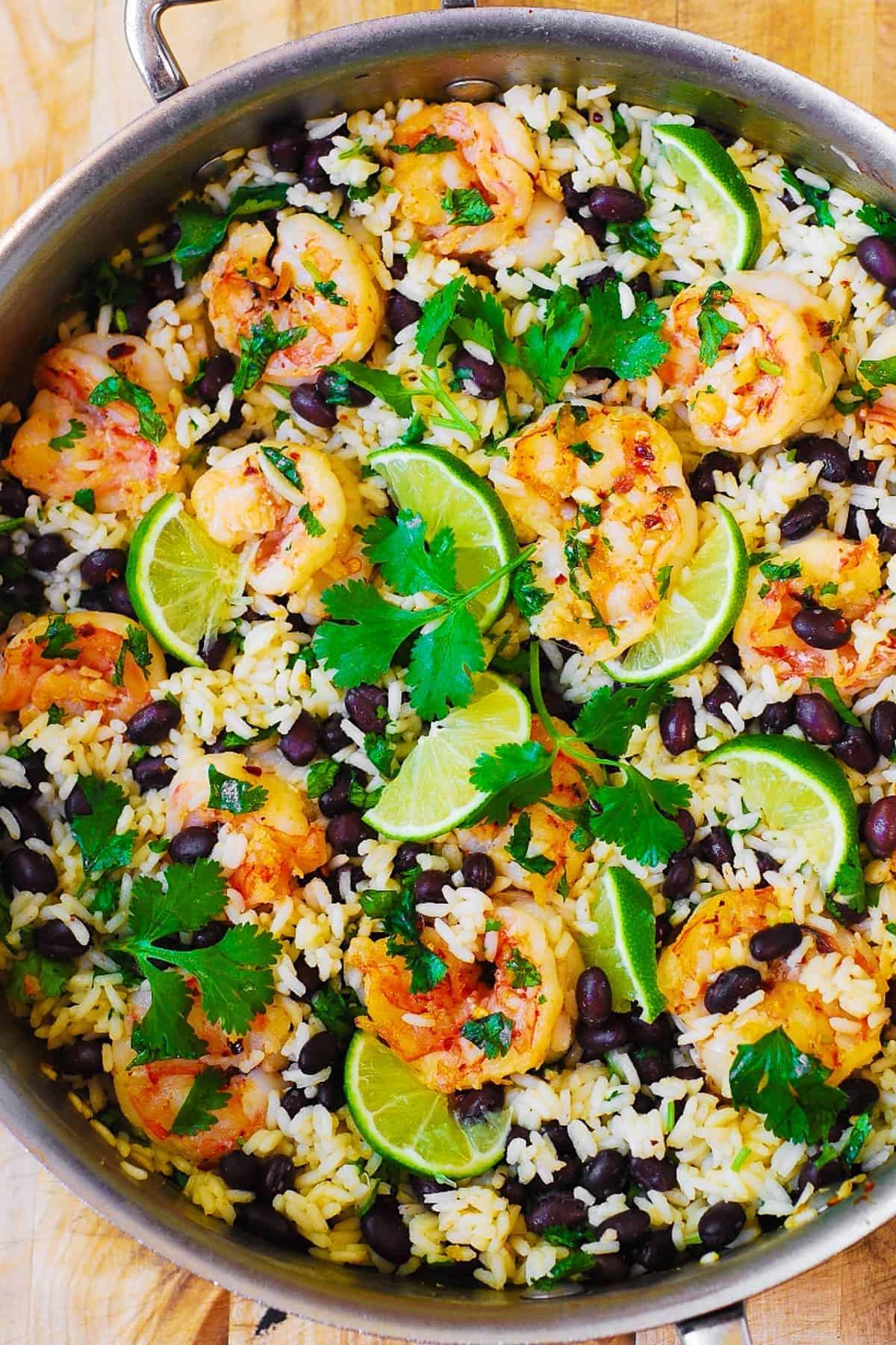 Cilantro Lime and Black Bean Shrimp and Rice in a skillet.