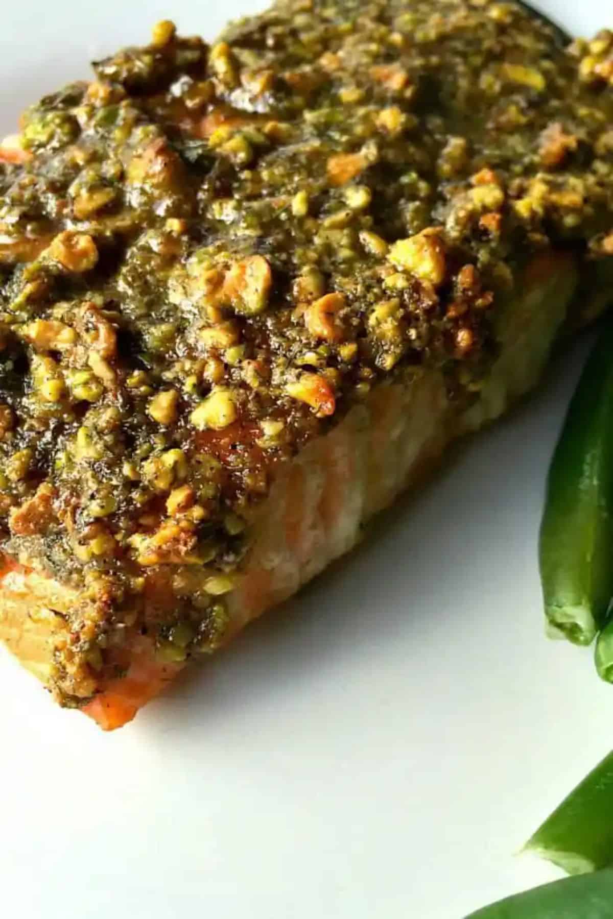 A close-up of Pistachio Salmon With Lemon.