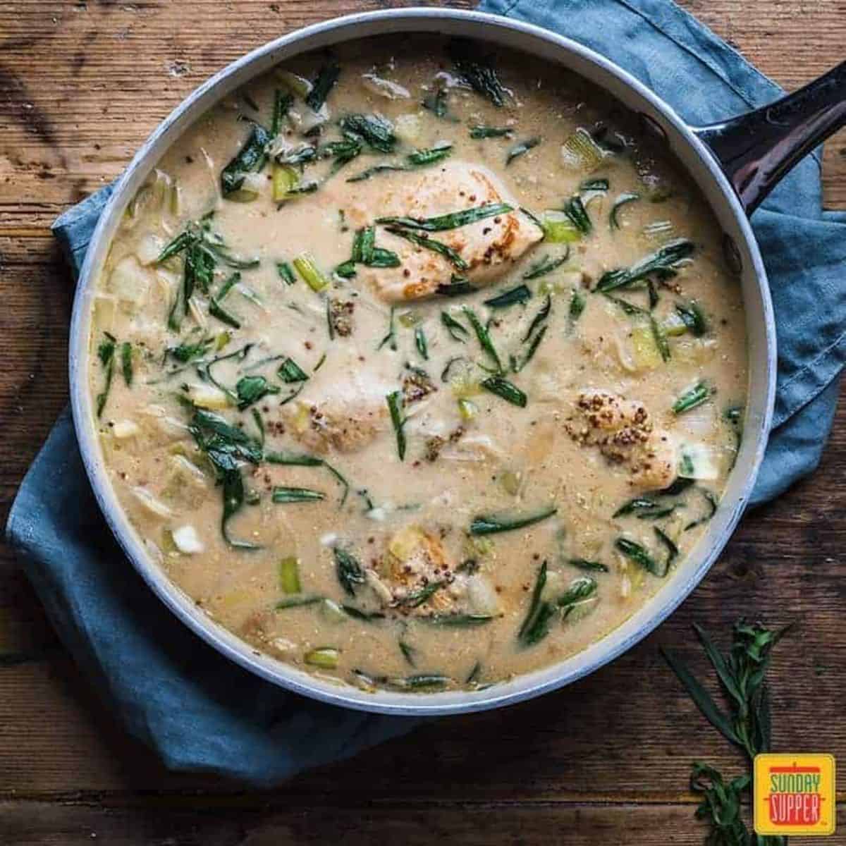 Delicious Creamy Chicken and Leeks in a skillet.