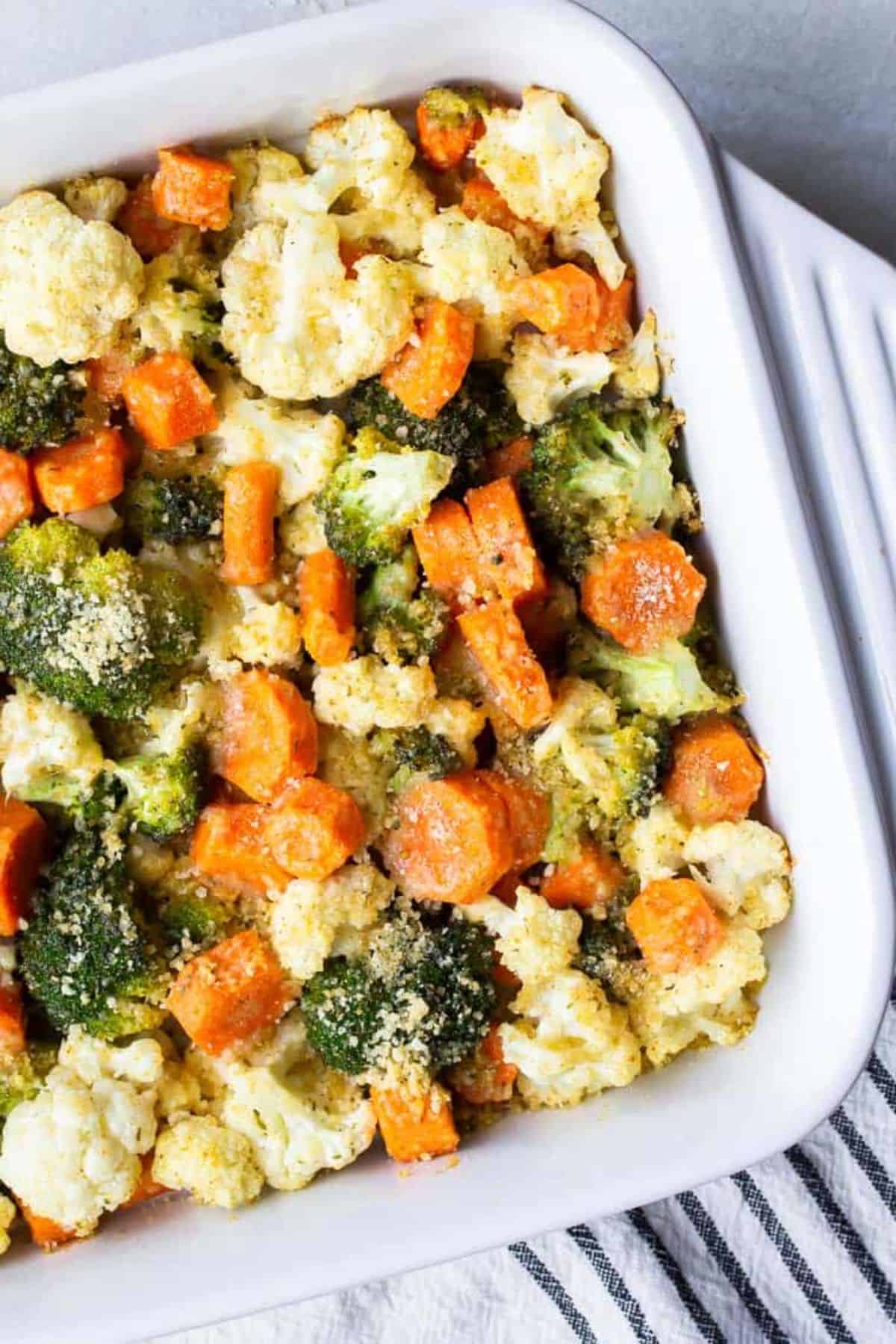 California Blend Vegetables With Parmesan Bread Crumbs in a white bowl.