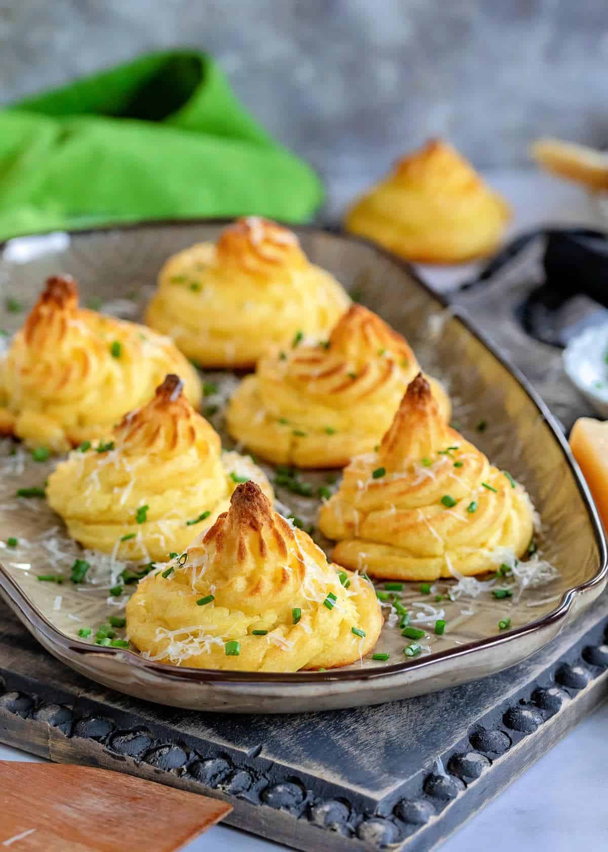 Crunchy Duchess Potatoes on a metal tray.