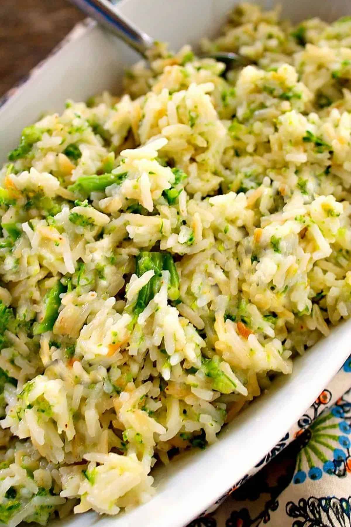 Delicious Cheesy Broccoli Rice in a white bowl.