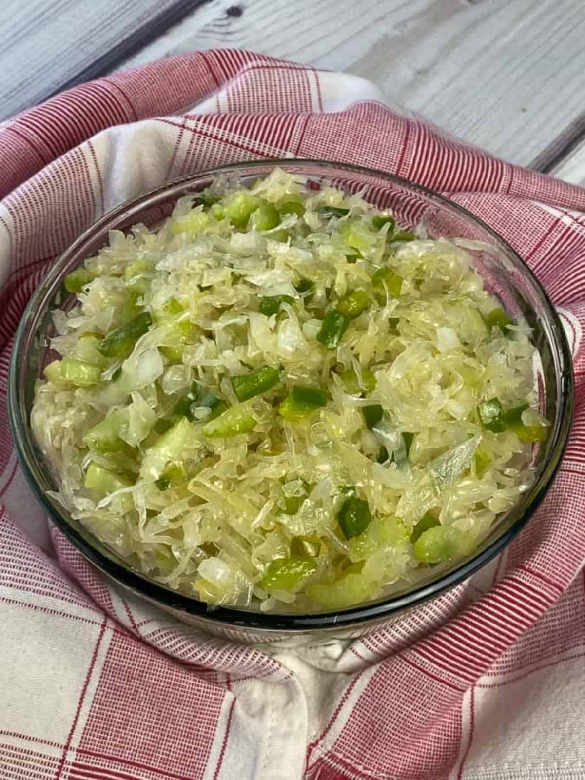 Healthy Classic Sauerkraut Salad in a glass bowl.