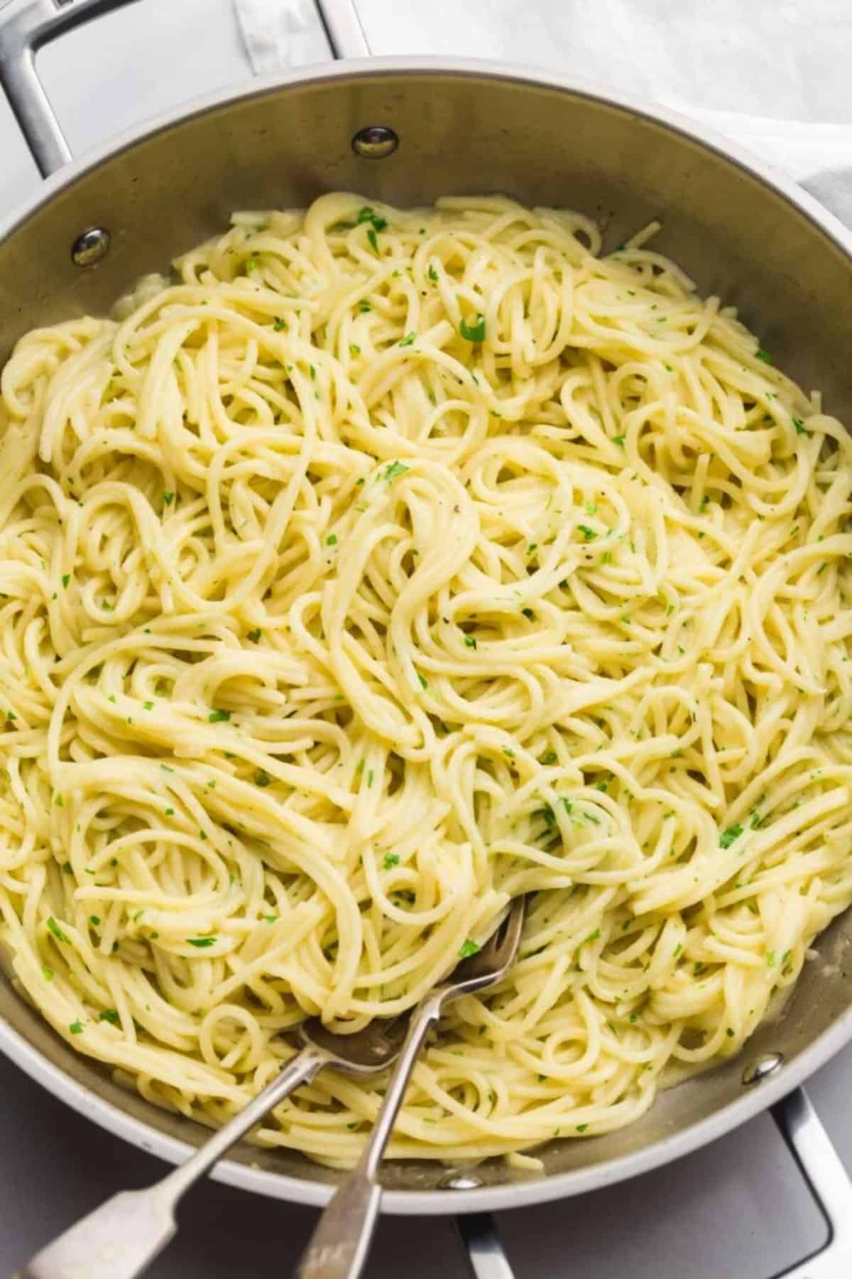 Healthy Garlic Butter Pasta in a skillet.