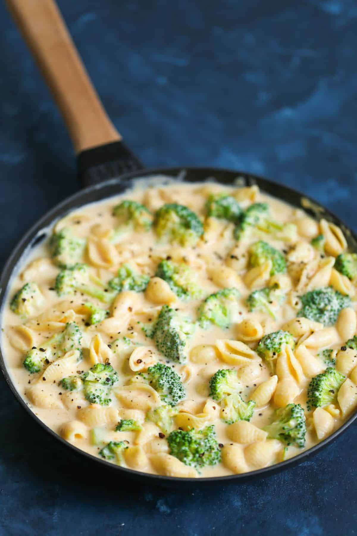 Scrumptious Creamy Broccoli Mac & Cheese in a skillet.