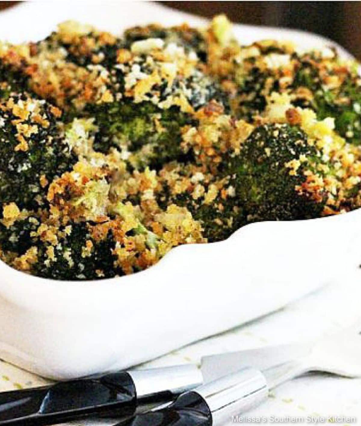 Healthy Roasted Panko Parmesan Broccoli in a white bowl.