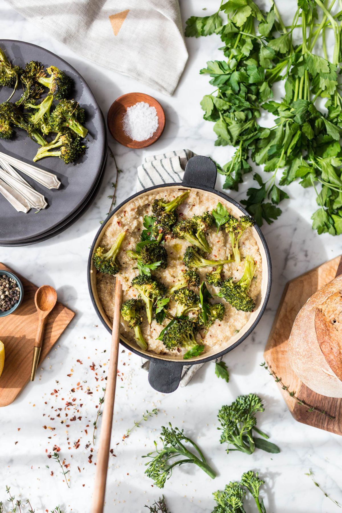 Creamy Quinoa and White Bean Risotto With Crispy Brassica Florets in a pot.